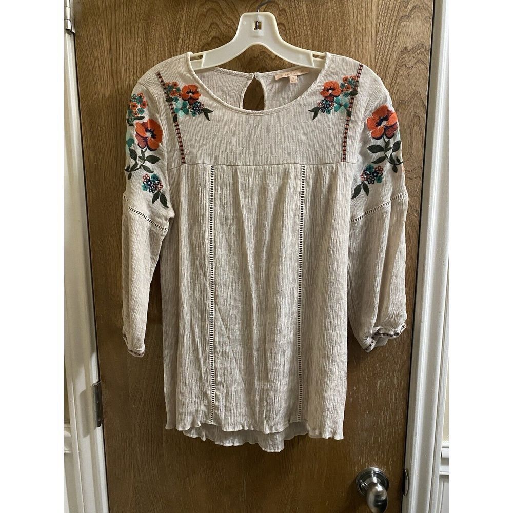 Gibson Latimer Sheer Ivory Womens S Boho Floral Embroidered Blouse Colorful